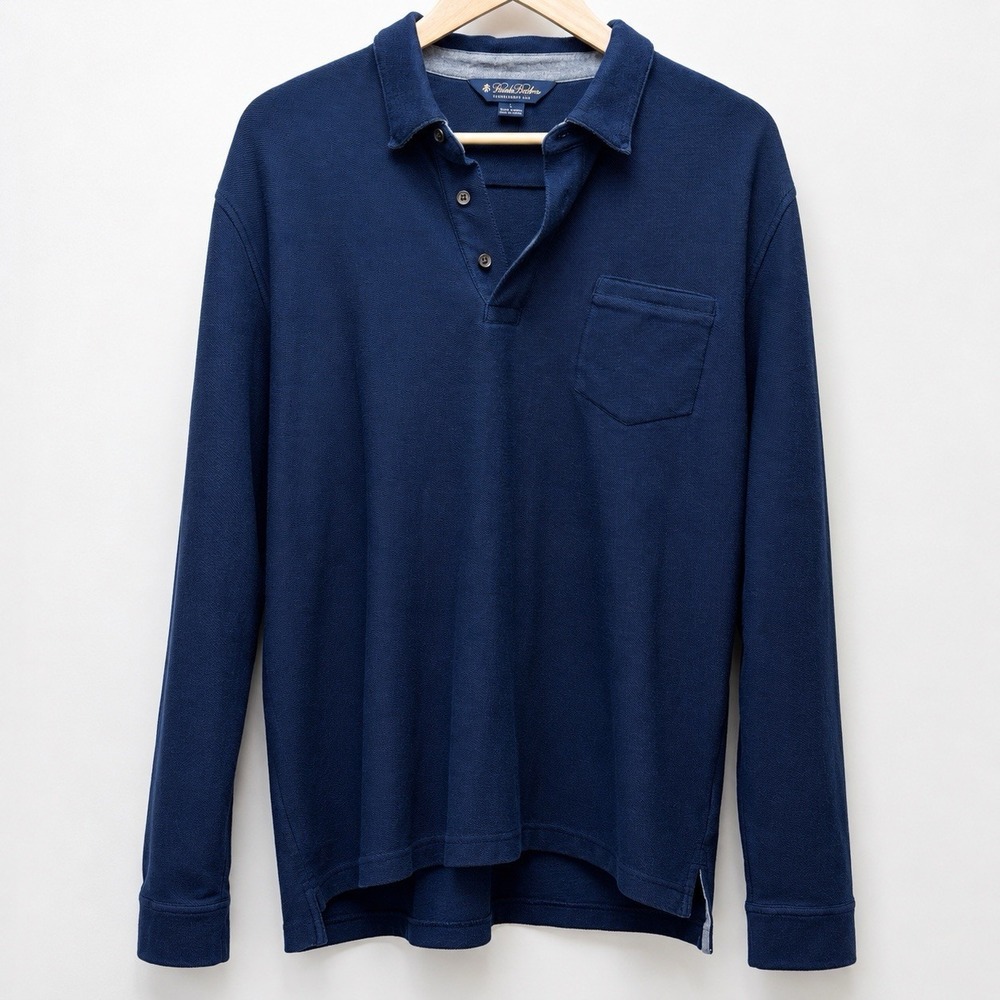Brooks Brothers Men's Large Navy Blue Long Sleeve Polo Shirt 100% Cotton Pocket